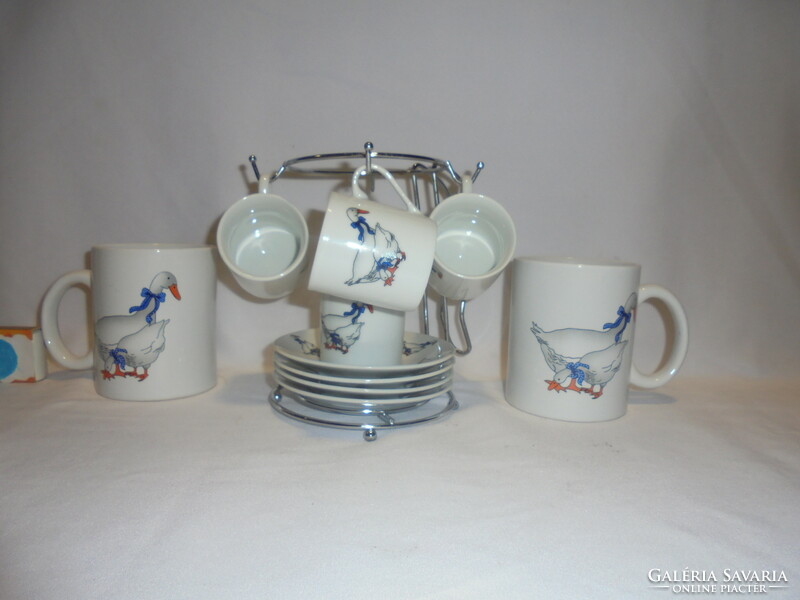 Goose decorated coffee and tea cups, coasters, metal holder
