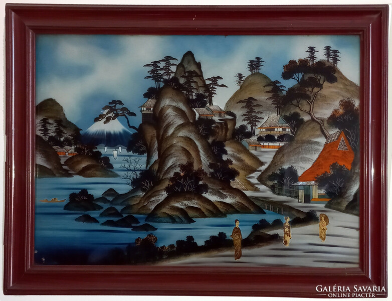 Kínai üvegre festett kép, tájkép, festmény. Keleti.