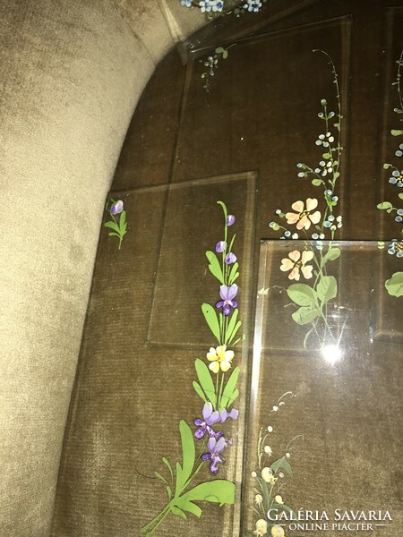 Antik XIX .sz. fazettált  üveg zománc festett virágos evőeszköz alátét Ritkaság!!!