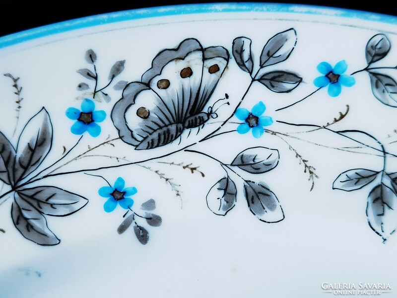 Antique hand painted Biedermeier round serving dish with butterflies
