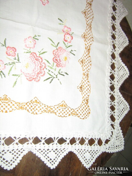 Wonderful antique hand embroidered tablecloth with lacy edges