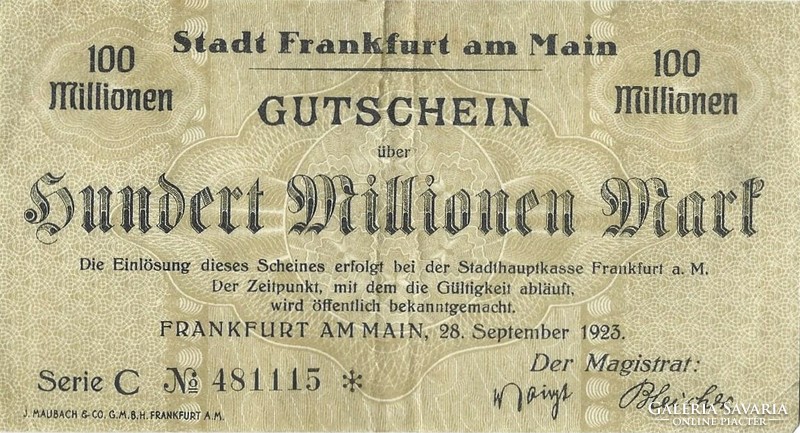 100 million marks 28.09.1923. Frankfurt, Germany