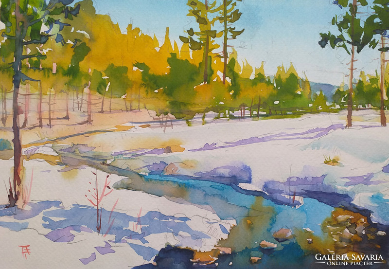 Tibor Bálinth: in bright sunlight (watercolor 23.5cm x 16cm paper 250 grams) winter landscape in sunlight