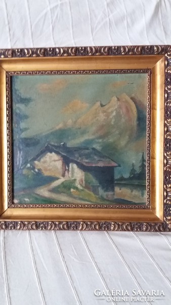 Antik festmény Öreg ház alpesi tájban keretezett olaj, vászon festmény, hibátlan 54 cm