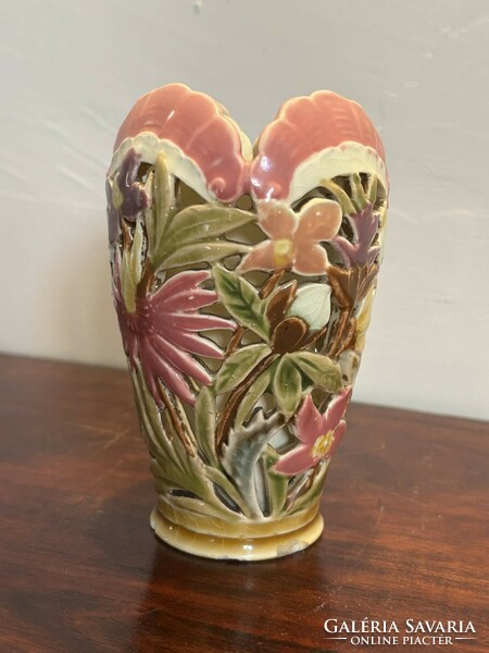 Zsolnay rococo vase openwork flower decoration designed by Tádé Sikorszky