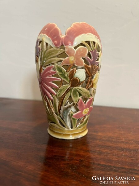 Zsolnay rococo vase openwork flower decoration designed by Tádé Sikorszky