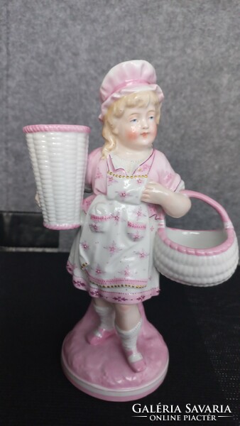 Sitzendorf retro porcelán kislány kosarakkal, kézi festésű, szignózott