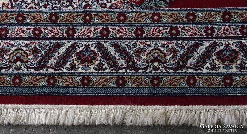 1K963 Nagyméretű bordó színű hosszú rojtos indiai perzsa mintás Fáraó szőnyeg 300 x 410 cm