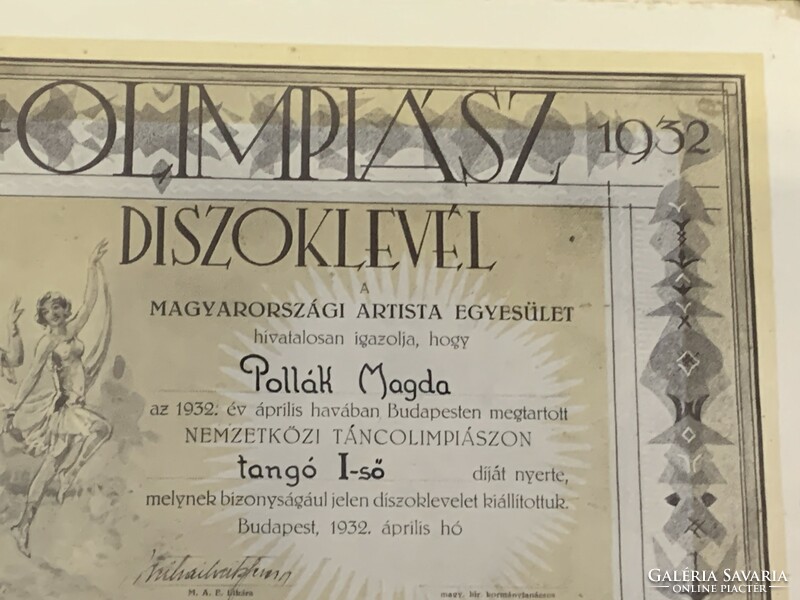 1932 Magyarországi Artista Egyesület Diszoklevél Táncolimpiász Tangó Pollák Magda Eschkenasy Gy. Bp