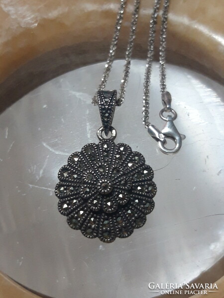 Old silver pendant with marcasite stones on a silver chain - Hungarian jewelry