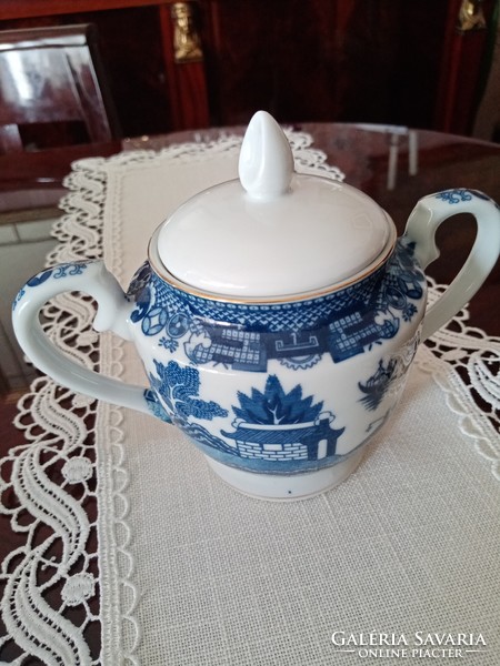 Blue-white - porcelain sugar bowl with white lid - oriental pattern: love/willow bird