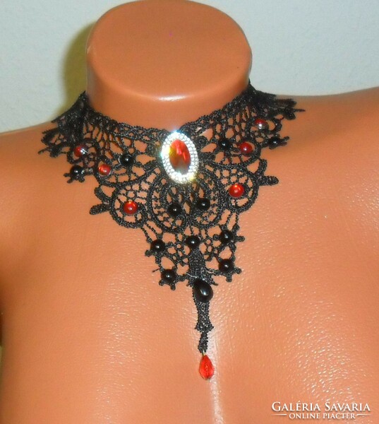 Gothic style collar made of blue black lace, with rhinestone pendant, glass drop, pearls. Adjustable.