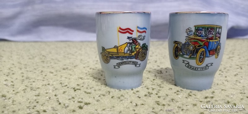 2 Rare Zsolnay cups. Oldtimer car driver. 2 Zsolnay kupica, cup owner.