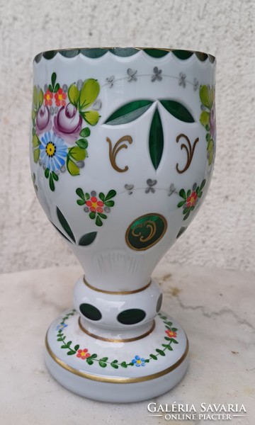 Antik színes Biedermeier stílusú Bohèmia Cseh pohàr több rètegú színes festett üveg kehely .Videó !