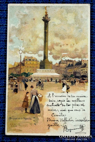 Antik művész festmény képeslap - Bastille terén  1907ből