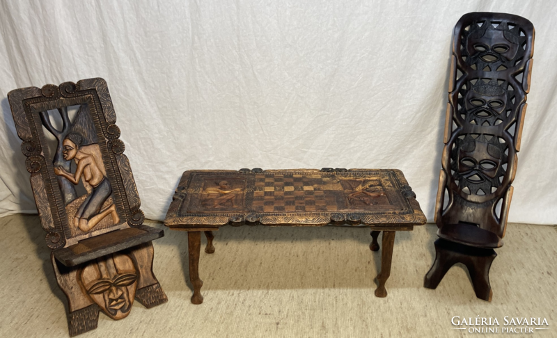 African chess table with two chairs