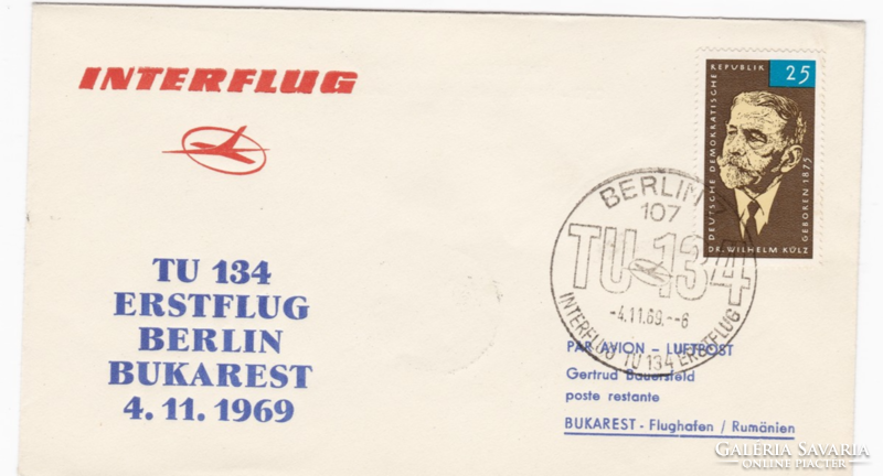Interflug Erstflug TU 134 Berlin-Bukarest 1969 - NDK légitársaság első járata FDC