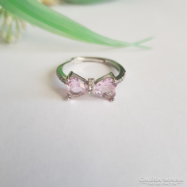New s925 sterling silver ring with pink crystal rhinestones, bow decoration, adjustable size