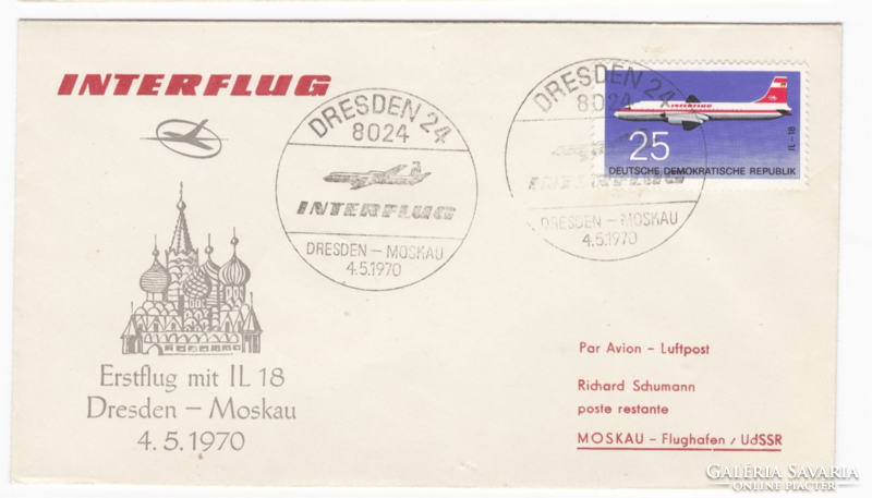 Interflug Erstflug IL18 Dresden-Moskau 1970 - NDK légitársaság első járata FDC