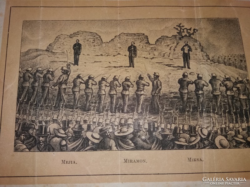 Antique 19th century copperplate book lithography: the execution of Mejia Miramon and Emperor Miksa I according to the pictures