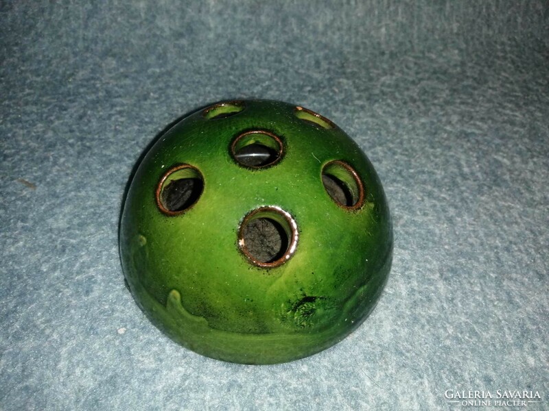 Green glazed ceramic ikebana or napkin holder - dia. 10 cm (a4)