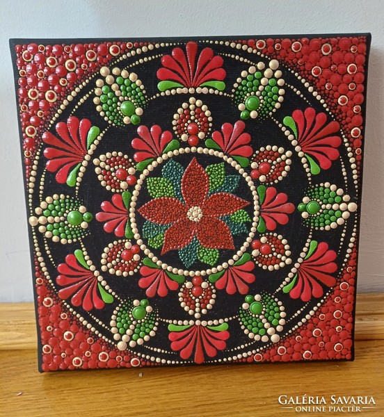 ÚJ! Mikulásvirág mandala piros, zöld, arany feszített vászon kép kézzel festett 20x20cm