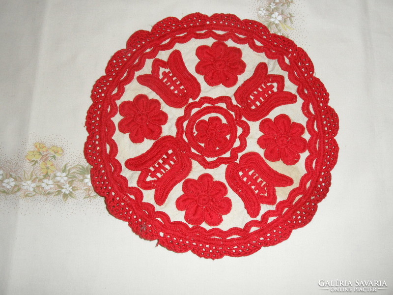 Hand embroidered red tulip with written tablecloth
