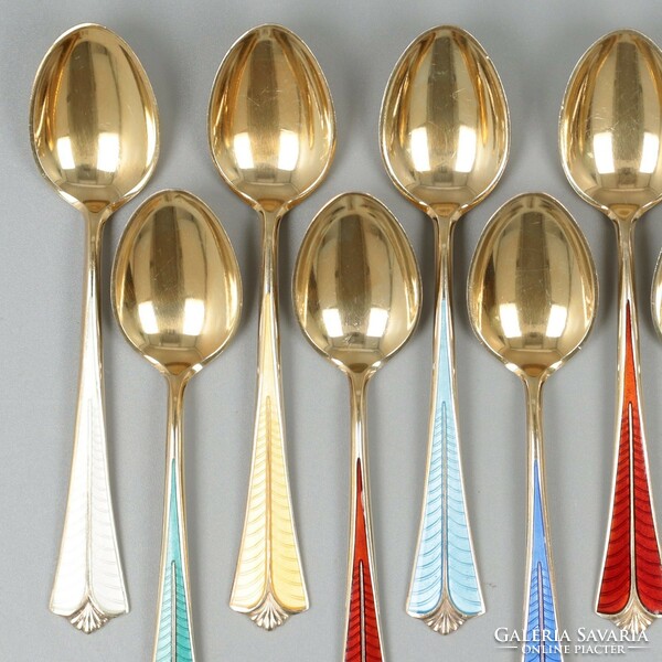12 enamel-decorated, gold-plated silver (925) coffee and mocha spoons