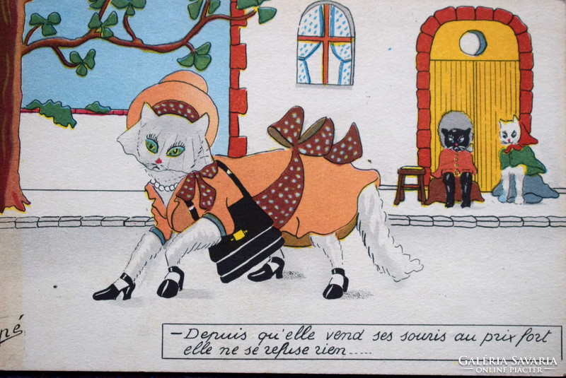 Old humorous graphic postcard - rich cat lady