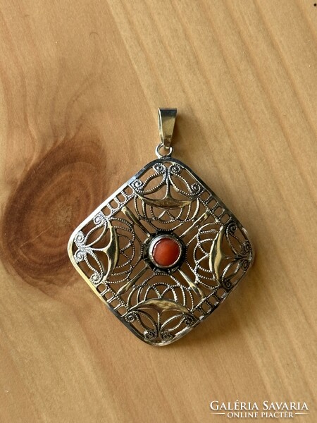 Antique coral stone silver pendant, pendant