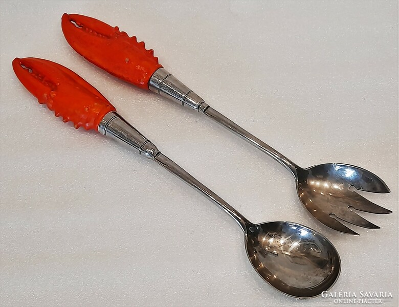 Antique porcelain serving spoon and fork set with crab handle