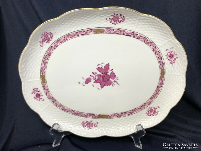 Herendi Apponyi mintás purpur színű nagyméretű porcelán pecsenyéstál, kínáló, asztalközép RZ