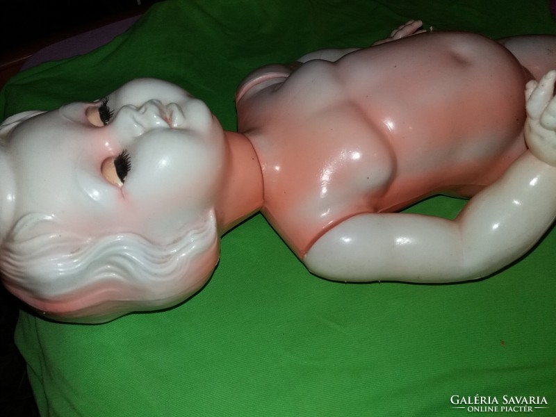Antik német nagyméretű műanyag celluloid játék baba alvó - ülő 66 cm a képek szerint