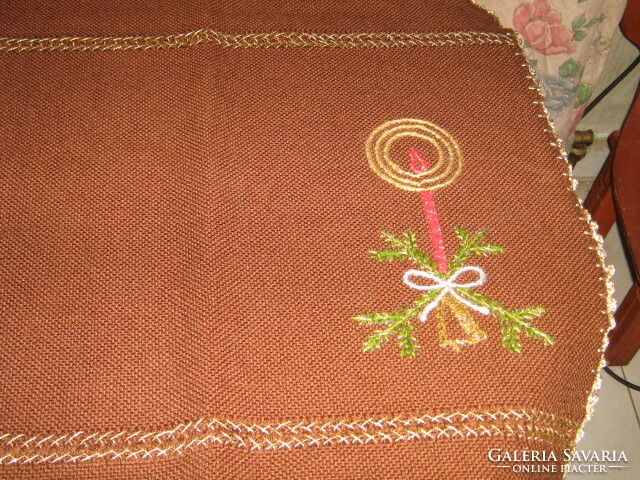 Beautiful hand-embroidered Christmas tablecloth crocheted in the round with gold thread, azure