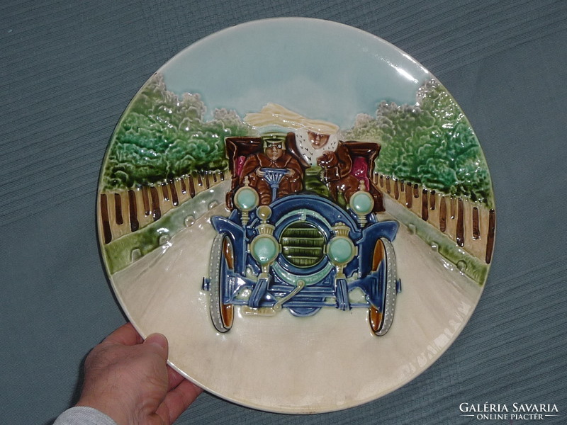 Antique majolica decorative bowl oldtimer car depiction old Czech majolica wall bowl with convex car decor