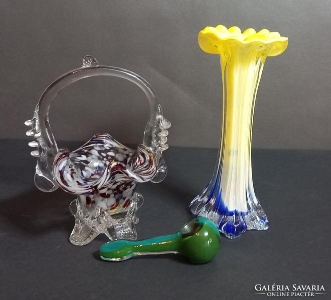 Üveg váza, muránoi pipa, kosár egyben ALKUDHATÓ