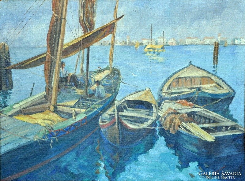 Tibor Ernő: Mediterrán kikötőben c. 60 x 80 cm-es olaj, vászon festmény