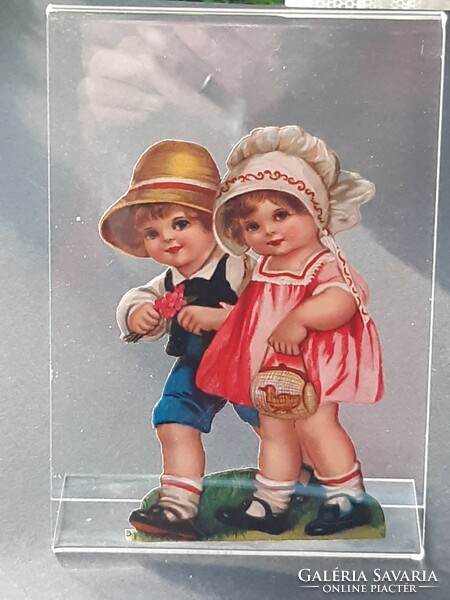 Old antique paper picture: little boy, little girl