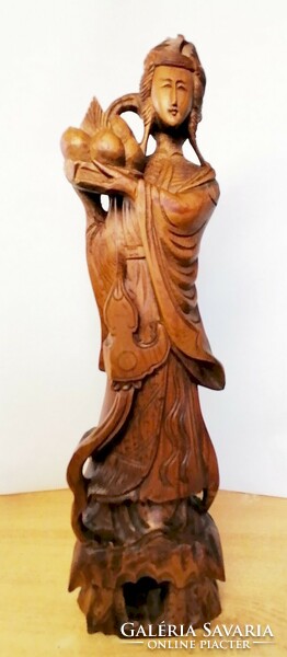Rosewood geisha with fruit bowl, Japanese folk craft carved sculpture