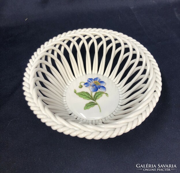 Herendi kék virágmintás áttört porcelán fonott kosár (13x5 cm) RZ