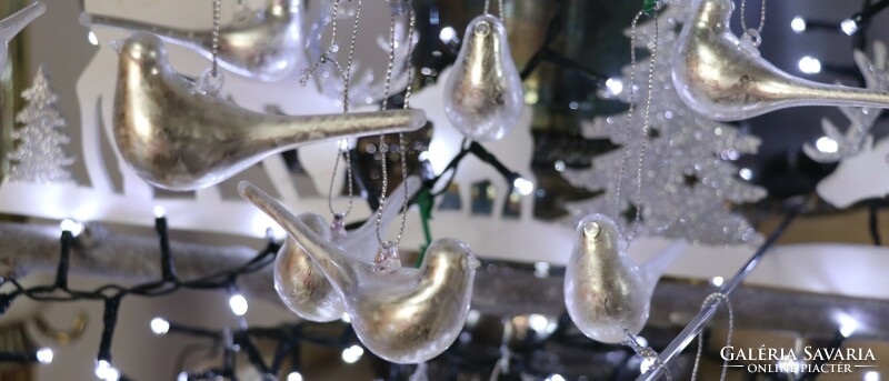 6 darab ezüst színű üveg madárka karácsonyfadísz II.