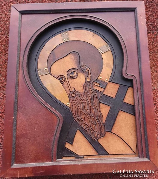 Old copper inlaid leather icon