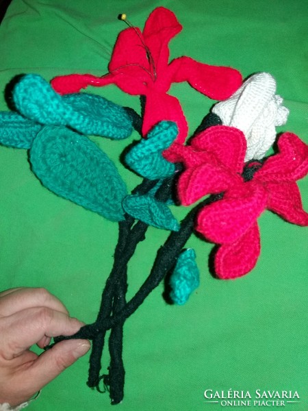 Antique hand-crocheted wire frame flowers tied into 3 flower bouquets (rose, orchid) as shown in pictures