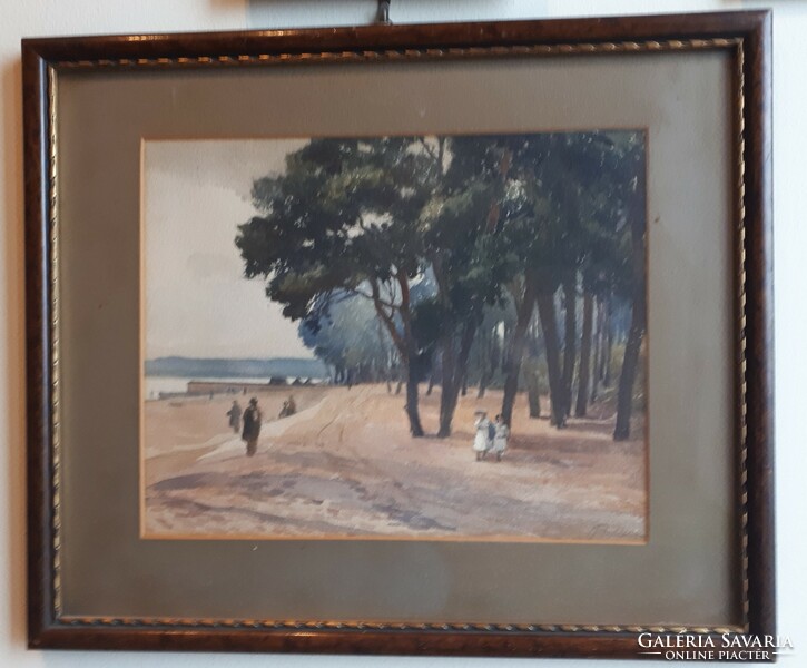 30x24 cm-es akvarell kép, vízpart, szignózott