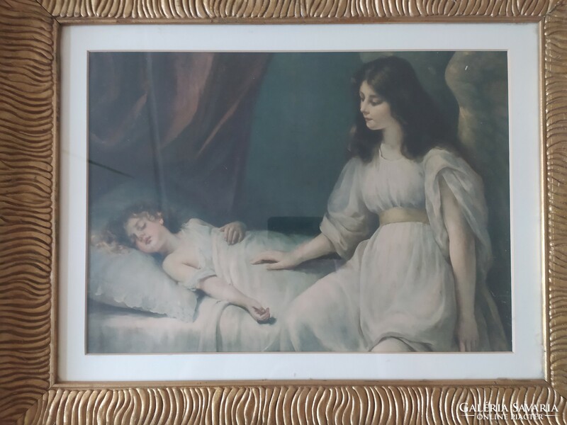 Guardian angel by the girl's bed, in a nice frame, behind glass, 55 x 44 cm