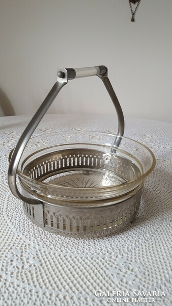 Art deco original metal centerpiece with glass insert, offering basket