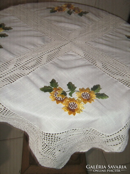 Hand-embroidered sunflower floral tablecloth with beautiful hand-crocheted edge and crocheted insert