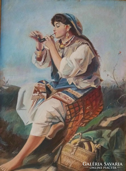 Barcsai Ferenc - Pipázó cigánylány - jelzett olaj / vászon festmény - nagy méret
