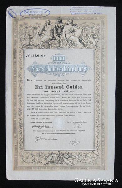 Osztrák államadóssági kötvény 1000 gulden / forint 1868 augusztus - Bécs