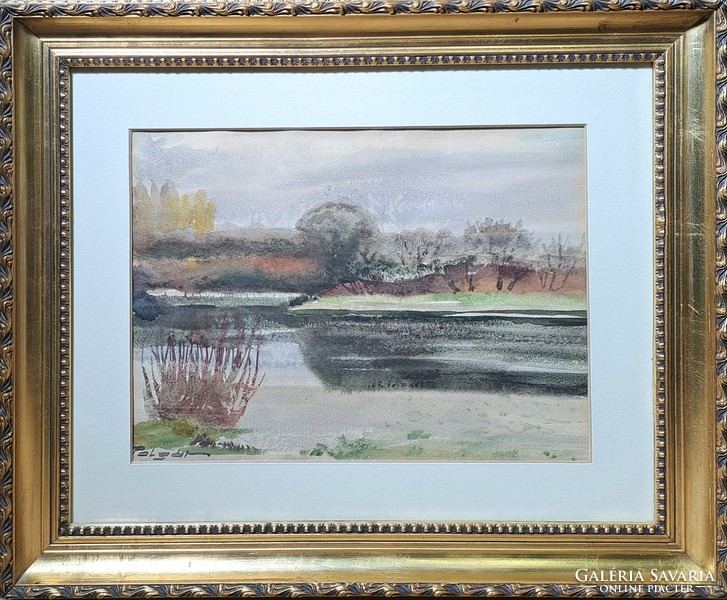 Waterside landscape watercolor, in a gold frame - with citizen mark